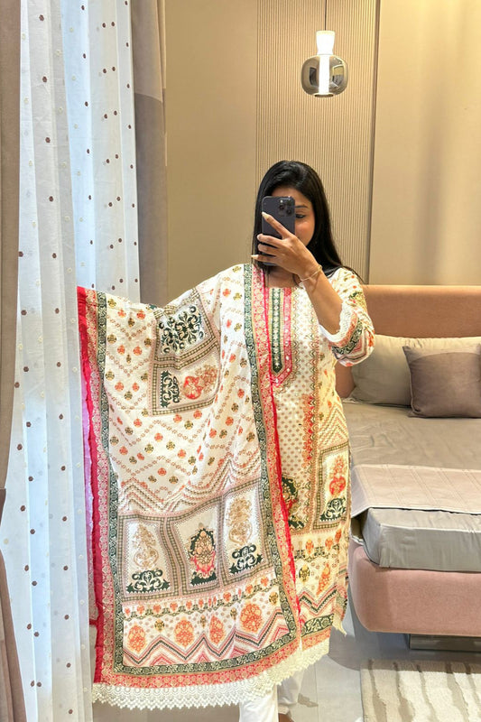 Muslin Banana Silk Suit Set with Handcrafted Embroidery and Digital Prints