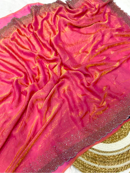 Premium Fandy Satin saree pure hand diamond work