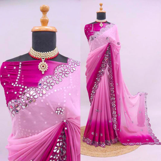 Pure Georgette Mirror Work Saree