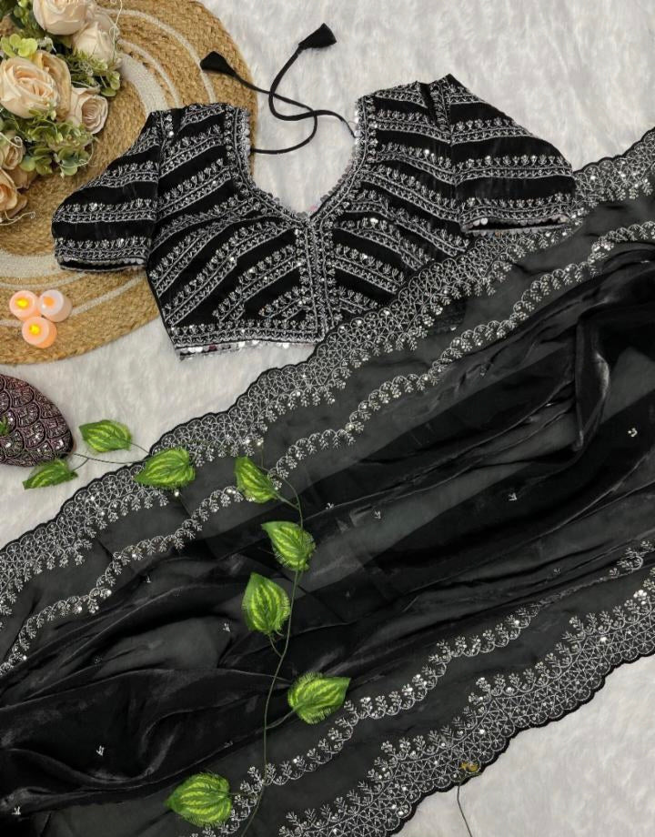 Party Wear Jimmy Choo Satin Sequence Zari Saree