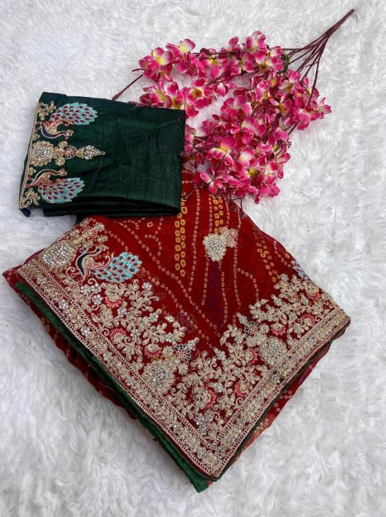 Georgette Pedding Bandhej Embroidery Work Saree