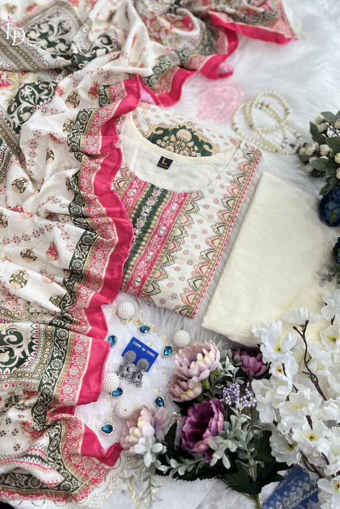 Muslin Banana Silk Suit Set with Handcrafted Embroidery and Digital Prints