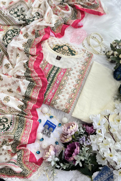 Muslin Banana Silk Suit Set with Handcrafted Embroidery and Digital Prints