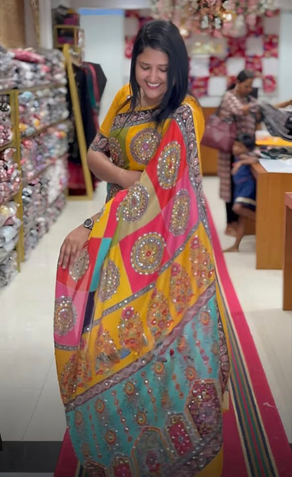Digital Print And Mirror Work Saree