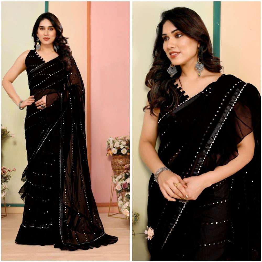 Georgette Silk With Ruffal And Foil Mirror Work*