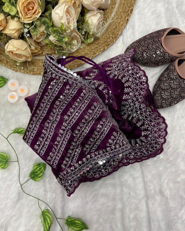 Party Wear Jimmy Choo Satin Sequence Zari Saree