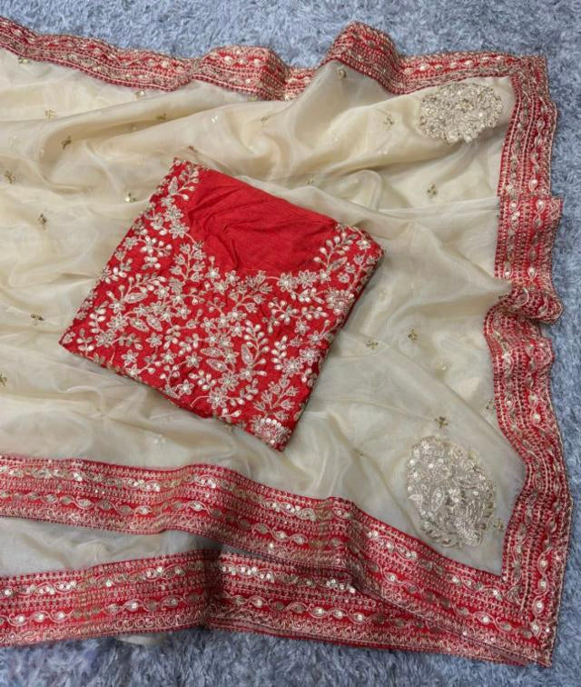 pure Organza saree silk fancy red broder