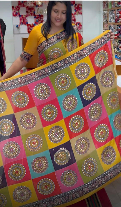 Digital Print And Mirror Work Saree
