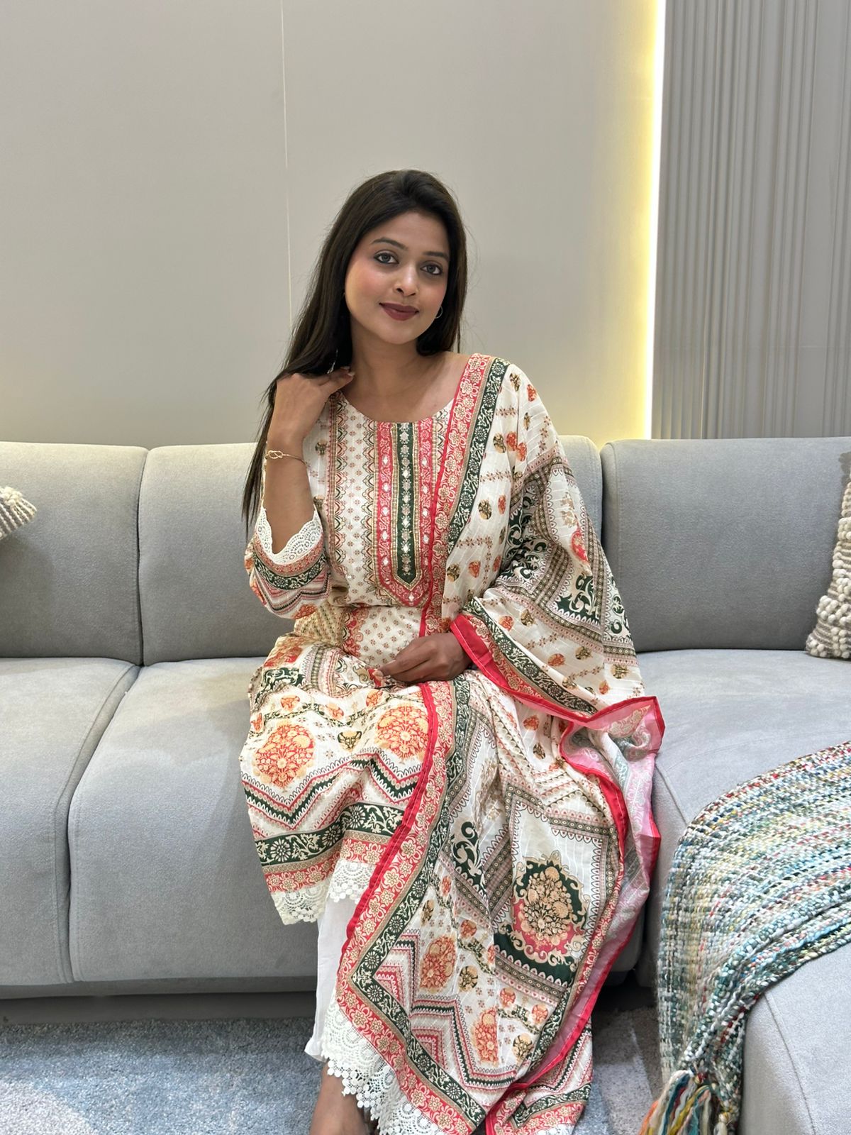 Muslin Banana Silk Suit Set with Handcrafted Embroidery and Digital Prints