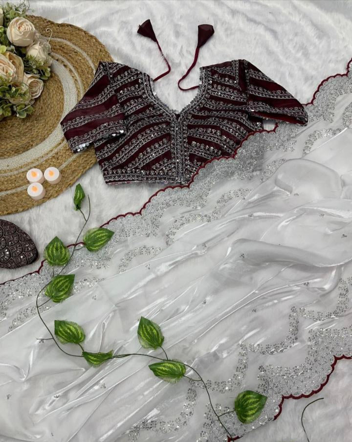 Party Wear Jimmy Choo Satin Sequence Zari Saree