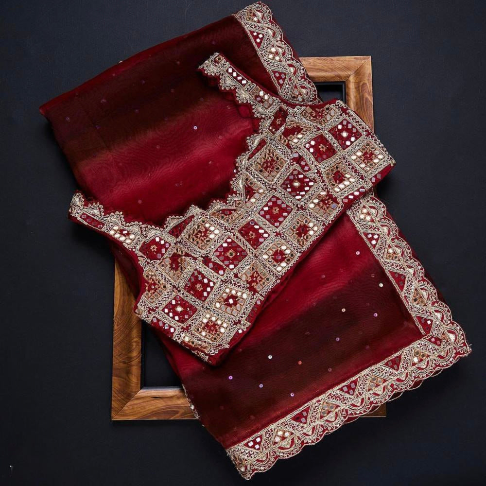 Chinon fancy mirror work saree