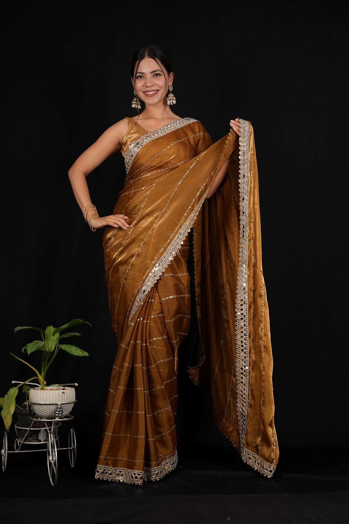 New mirror work saree organza jimmy choo with (blouse stitch)