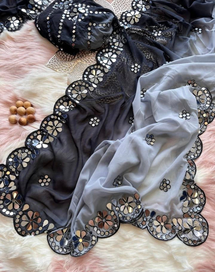 Pure Georgette Mirror Work Saree