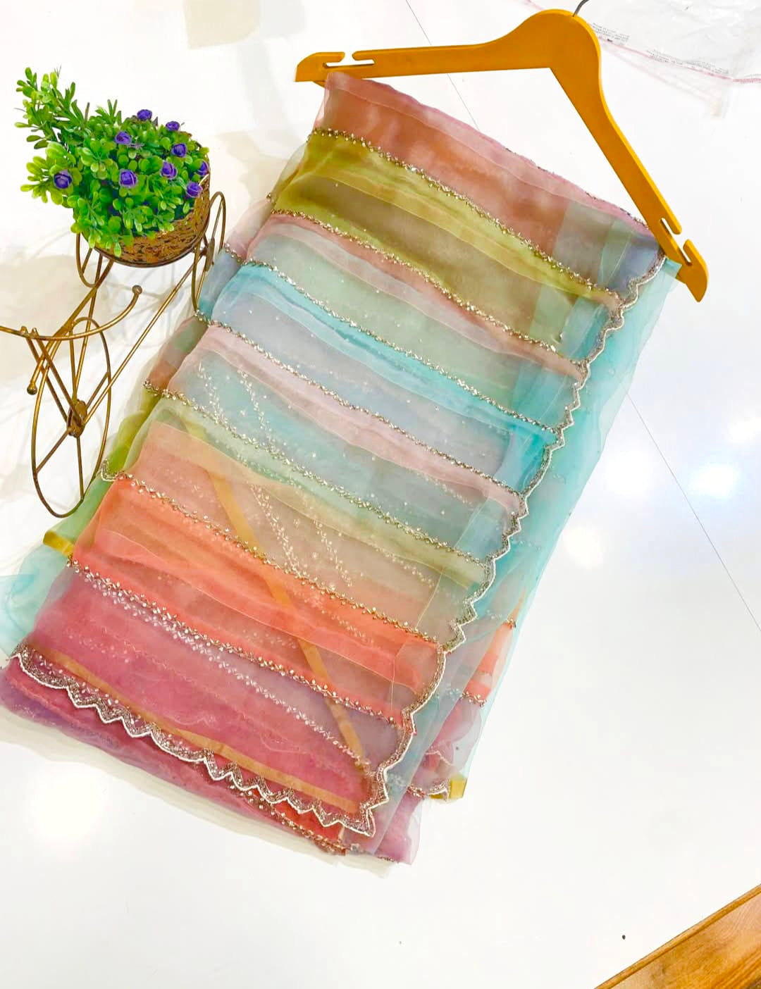 Multi colour pure hand work diamond stone work saree