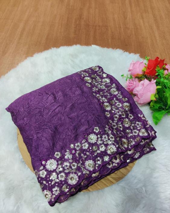 Crush Silk Saree With Fancy Sequince Embroderiy Work