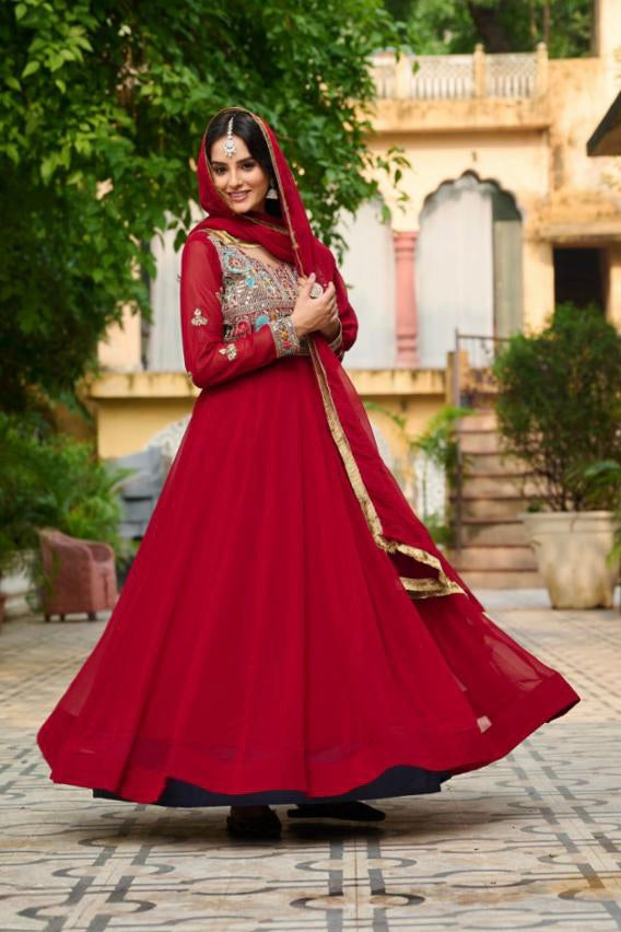 embroidered work long gown with dupatta