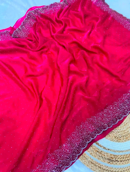 Premium Fandy Satin saree pure hand diamond work