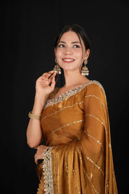 New mirror work saree organza jimmy choo with (blouse stitch)