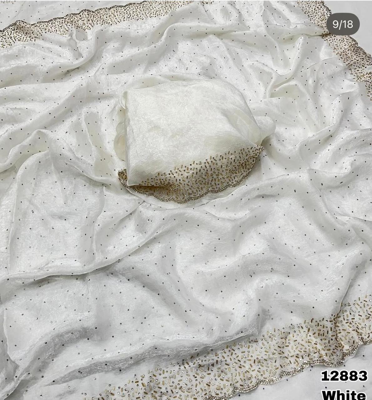 Premium Fandy Satin saree pure hand diamond work