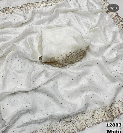 Premium Fandy Satin saree pure hand diamond work