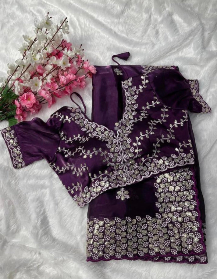 Pure Zimmy Choo Satin Saree with blouse stitch