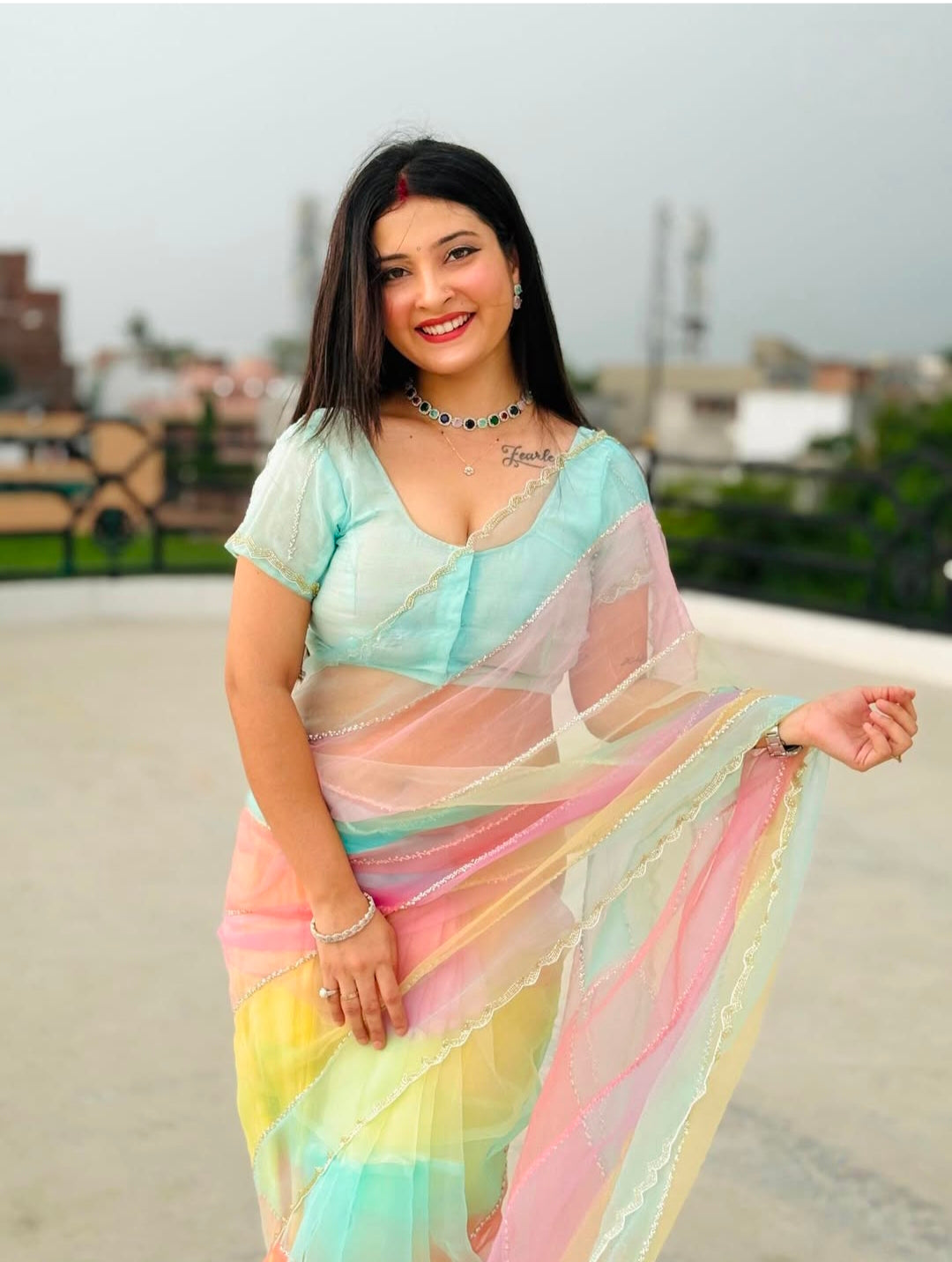 Multi colour pure hand work diamond stone work saree