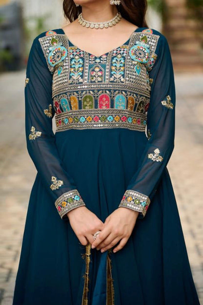 embroidered work long gown with dupatta.