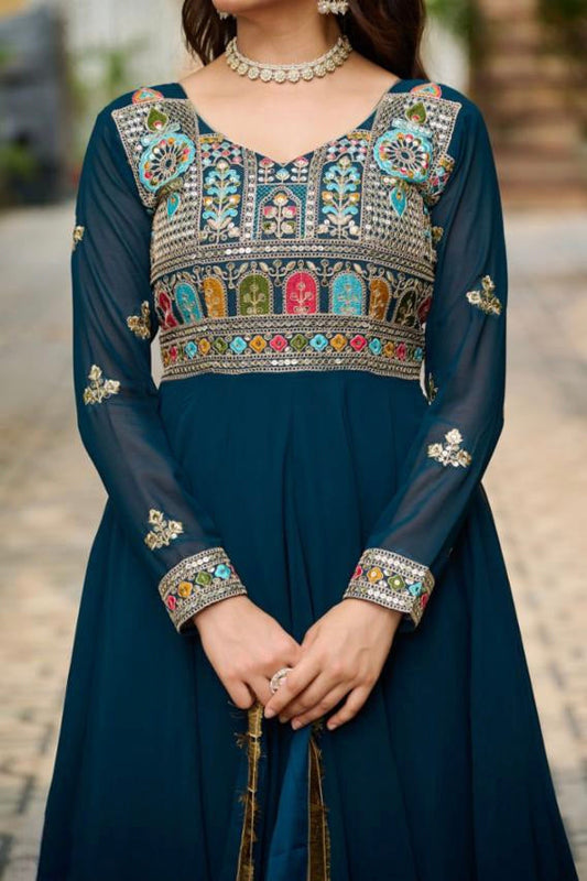 embroidered work long gown with dupatta.