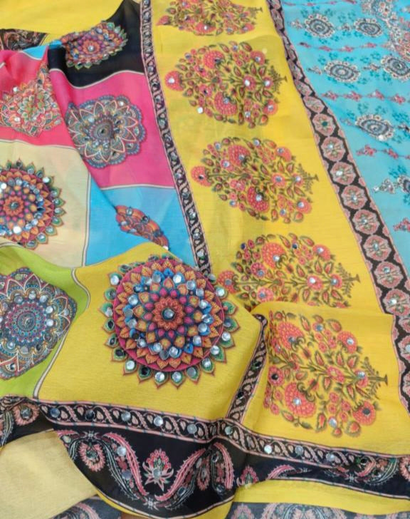 Digital Print And Mirror Work Saree