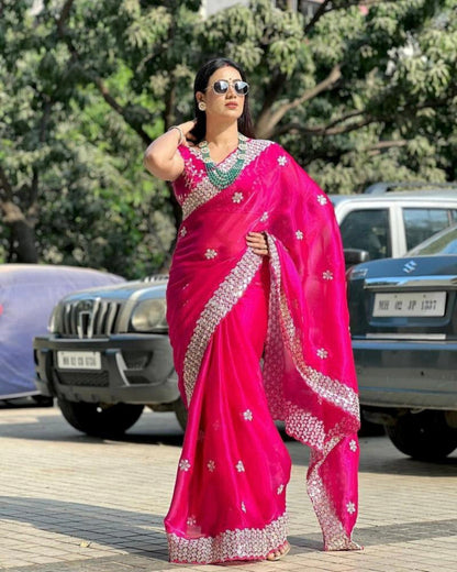 Pure Zimmy Choo Satin Saree with blouse stitch