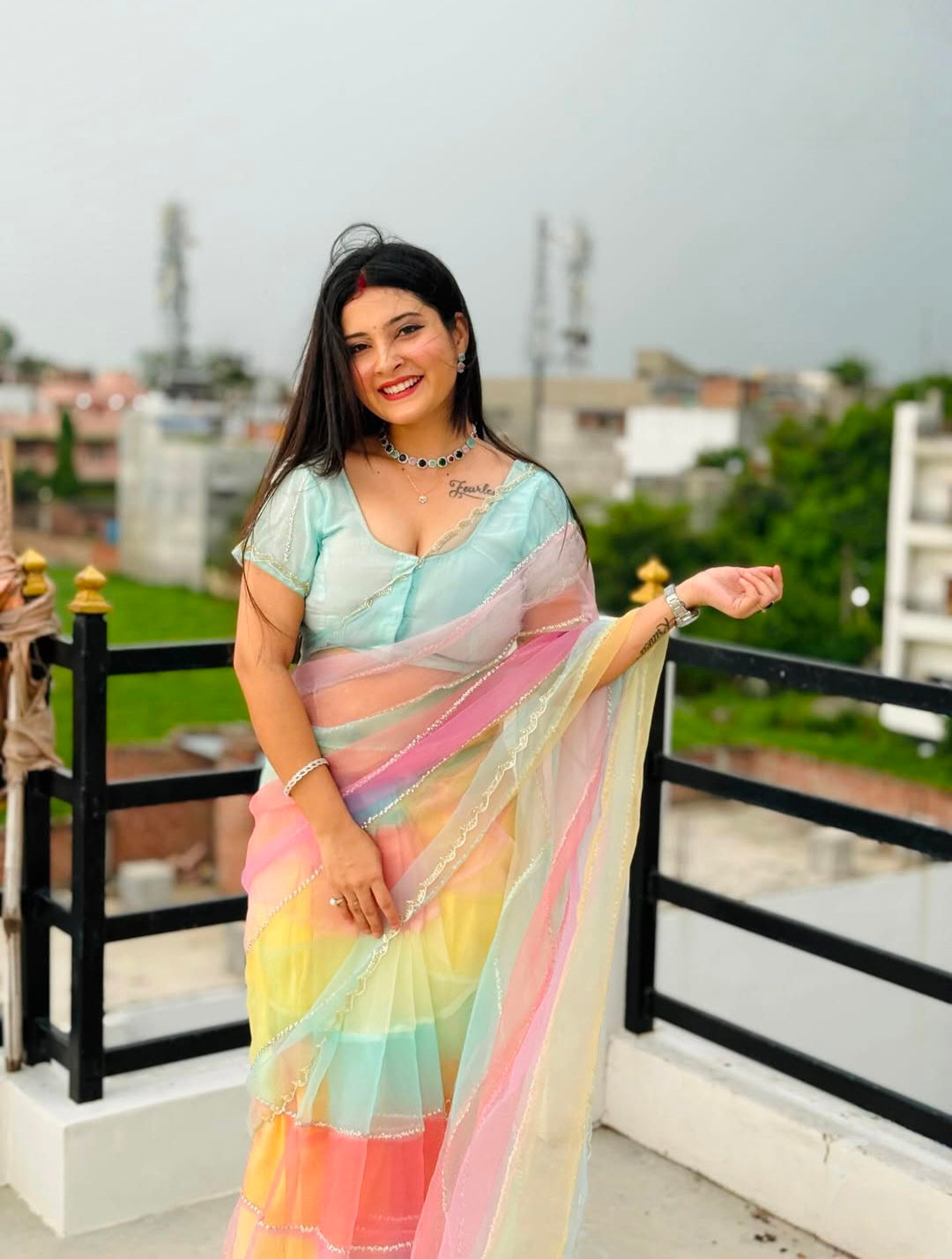 Multi colour pure hand work diamond stone work saree