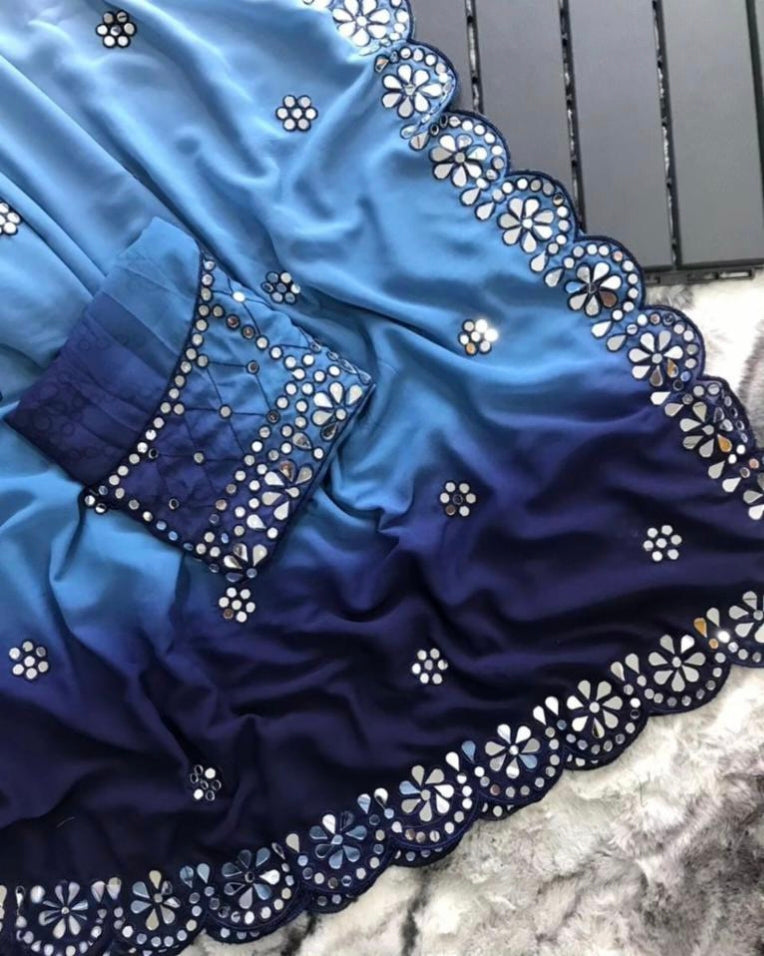 Pure Georgette Mirror Work Saree