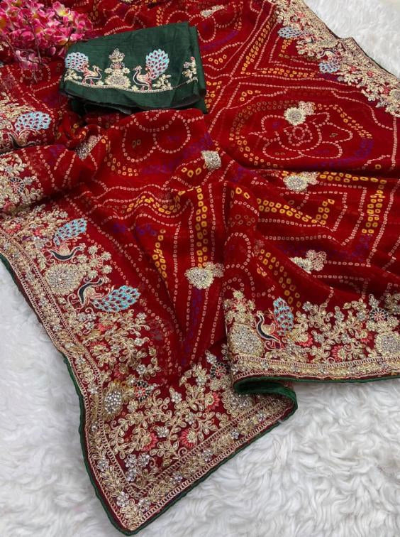 Georgette Pedding Bandhej Embroidery Work Saree