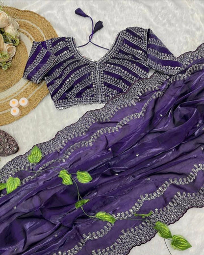 Party Wear Jimmy Choo Satin Sequence Zari Saree