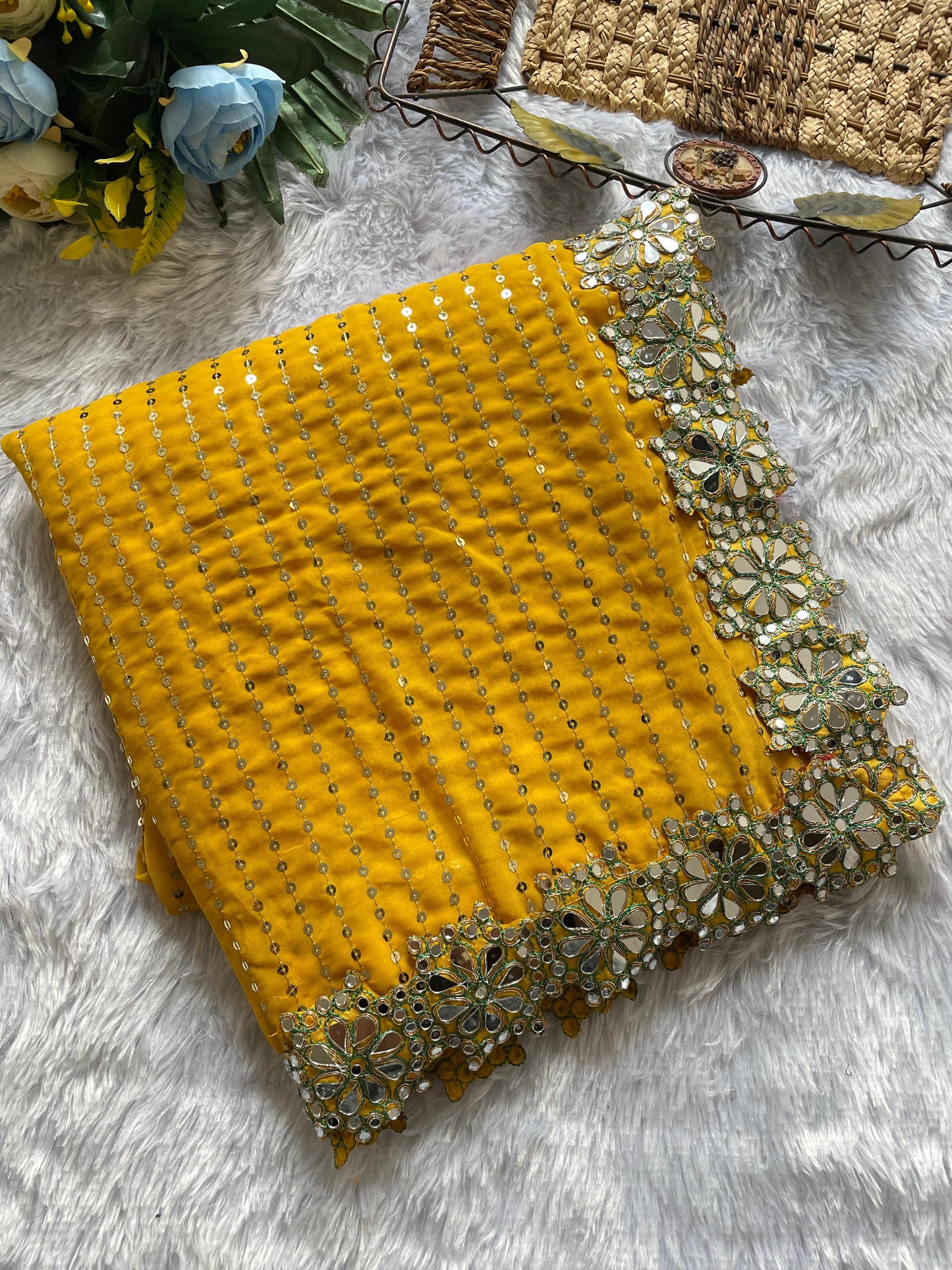 soft fabric original mirror work hand work saree