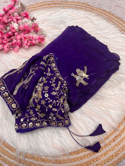 PURE SOFT FANDY SATTIN SILK  HAND WORK SAREE