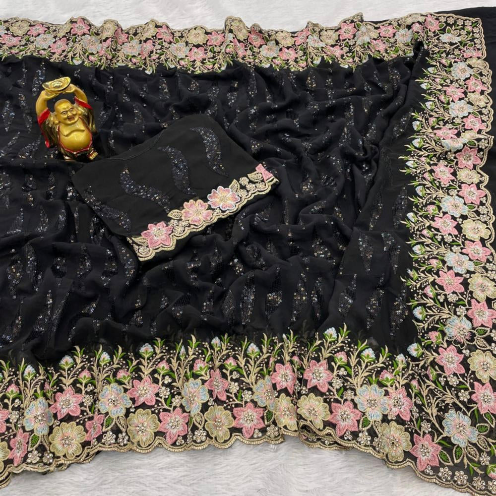 Pure Georgette diamond stone work saree