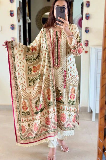 Muslin Banana Silk Suit Set with Handcrafted Embroidery and Digital Prints