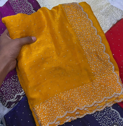 Premium Fandy Satin saree pure hand diamond work