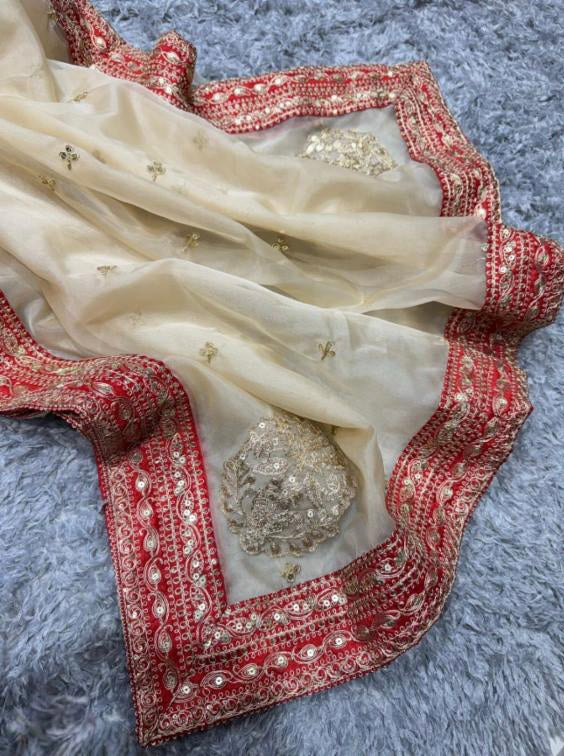 pure Organza saree silk fancy red broder