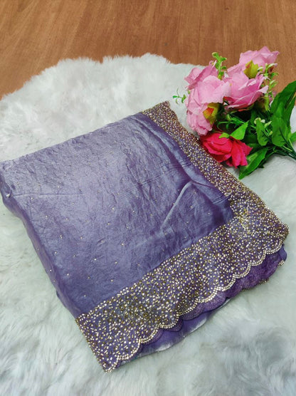 Premium Fandy Satin saree pure hand diamond work