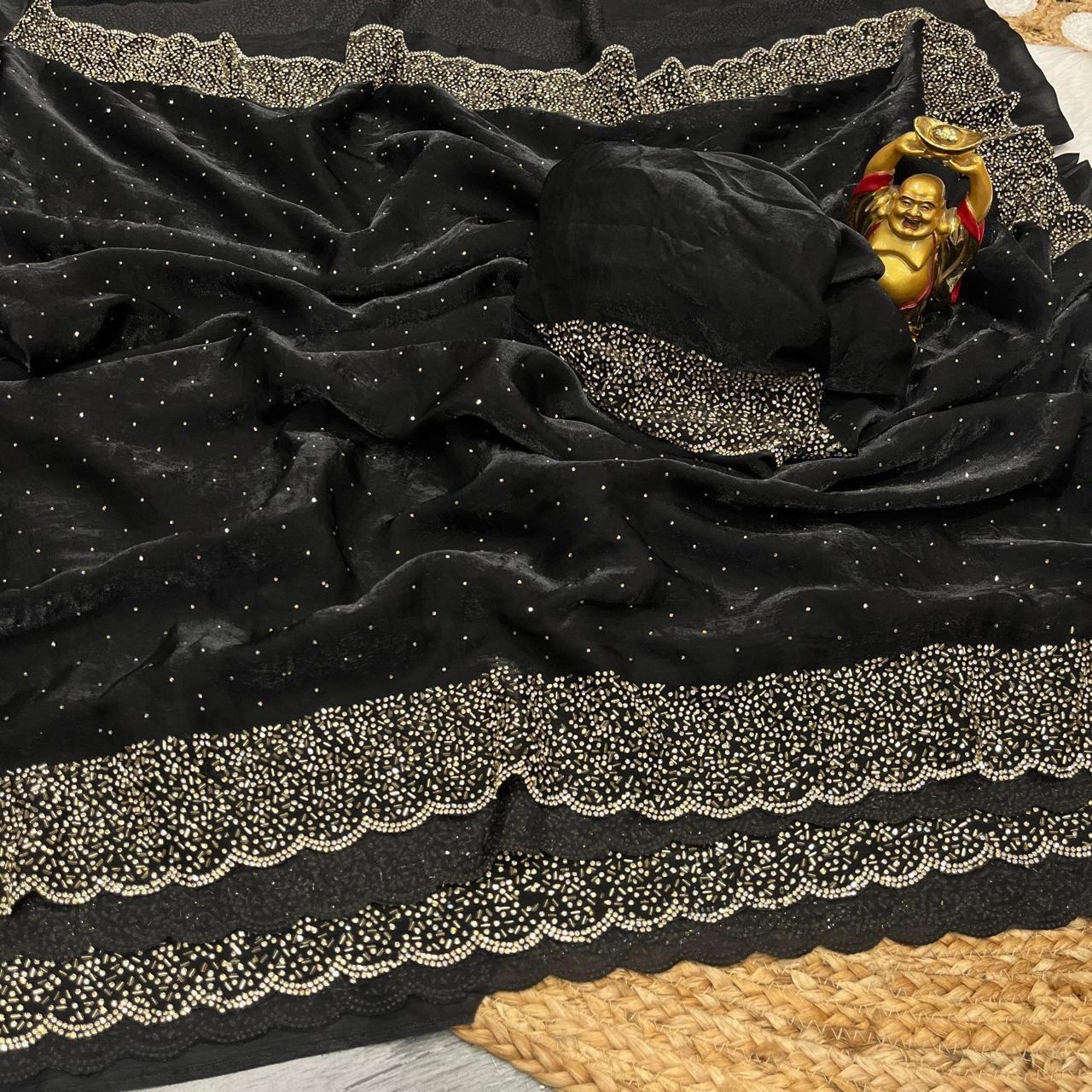 Premium Fandy Satin saree pure hand diamond work