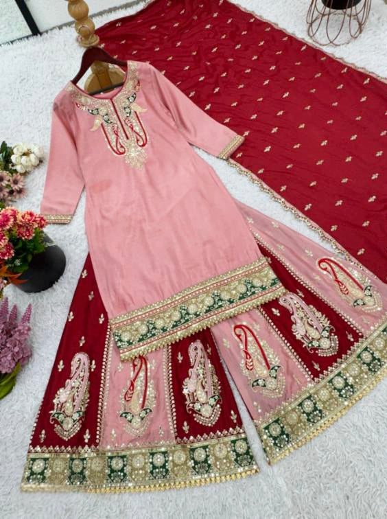 Pure  Chinnon Silk hand work suit set full stitch
