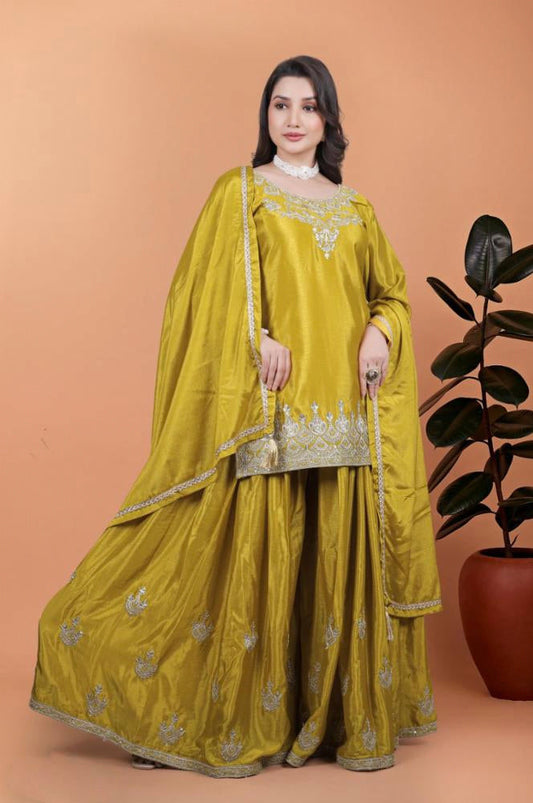 3 PIECE FANCY KURTI WITH FLAIRED PLAZZO AND DUPATTA.