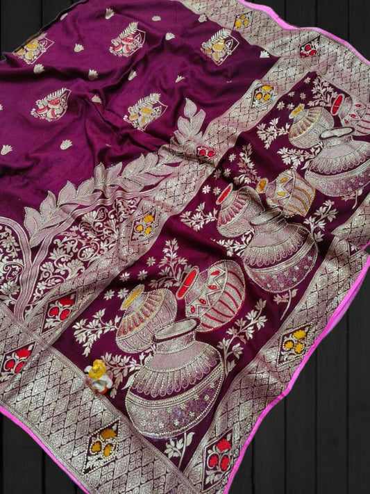 Meenakari Weaving Saree With Jarkhan Daimond Work