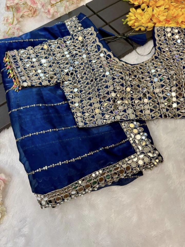 New mirror work saree organza jimmy choo with (blouse stitch)