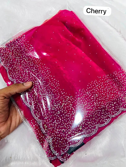 Premium Fandy Satin saree pure hand diamond work