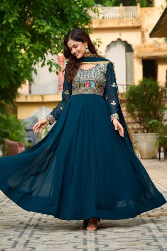 embroidered work long gown with dupatta.