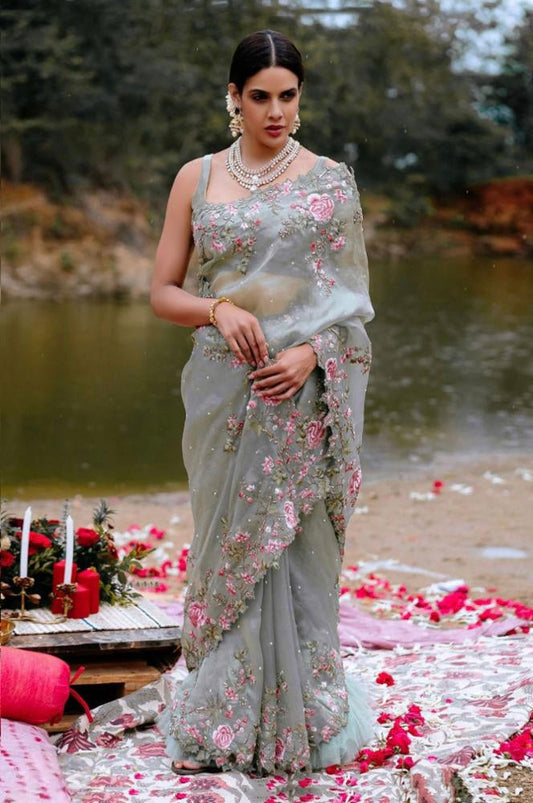 Organza silk work saree