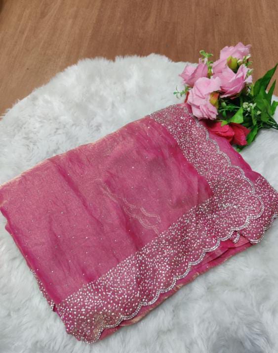 Premium Fandy Satin saree pure hand diamond work